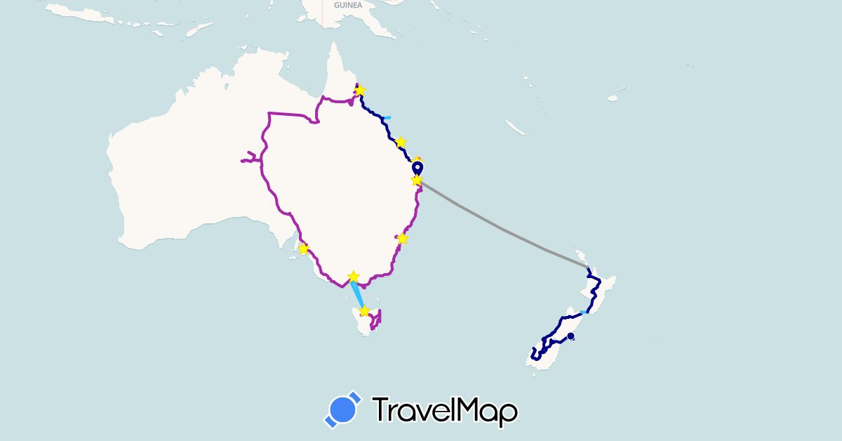 TravelMap itinerary: driving, plane, boat, roxanne the campervan, dingo 4wd in Australia, New Zealand (Oceania)
